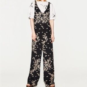 Zara Black and Cream Leaf Print Jumpsuit
